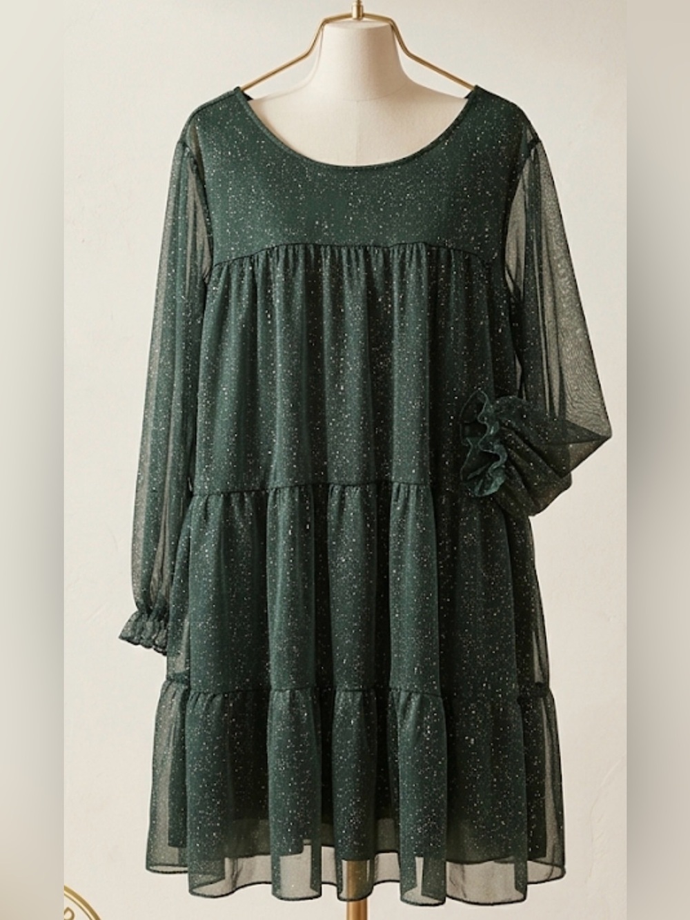 Green Sparkle Sheer Long Sleeve Babydoll Dress